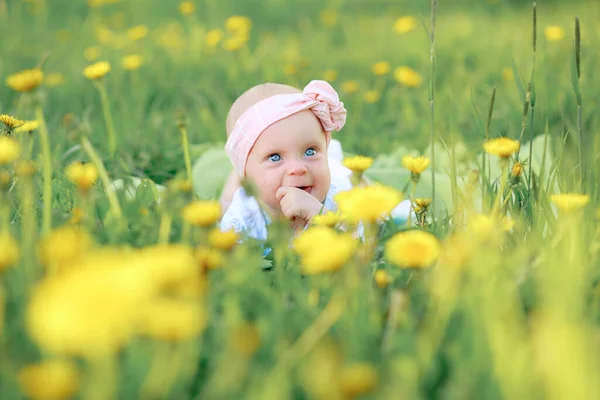 Cute little girl blowing on dandelions on meadow. — Stock Photo, Image
