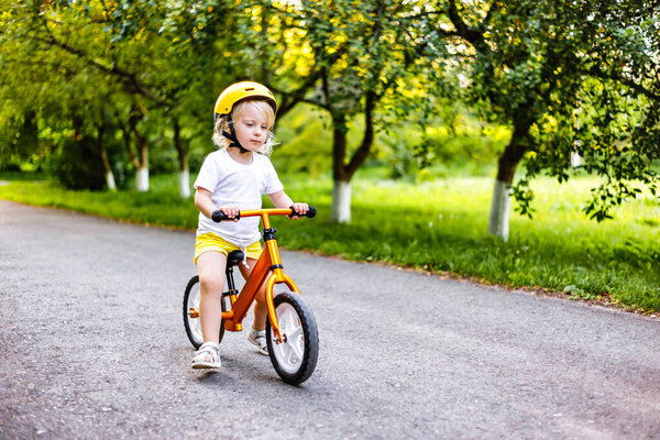 Little cute adorable caucasian toddler girl having fun riding exercise balance run bike push scooter in park forest. 