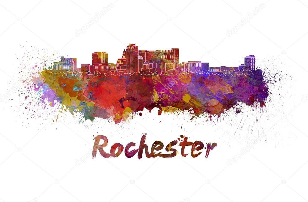 Rochester MN skyline in watercolor