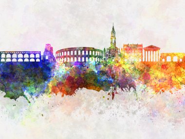 Nimes manzarası suluboya arka planda