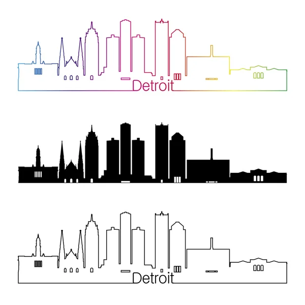 Detroit skyline linear style with rainbow - Stok Vektor