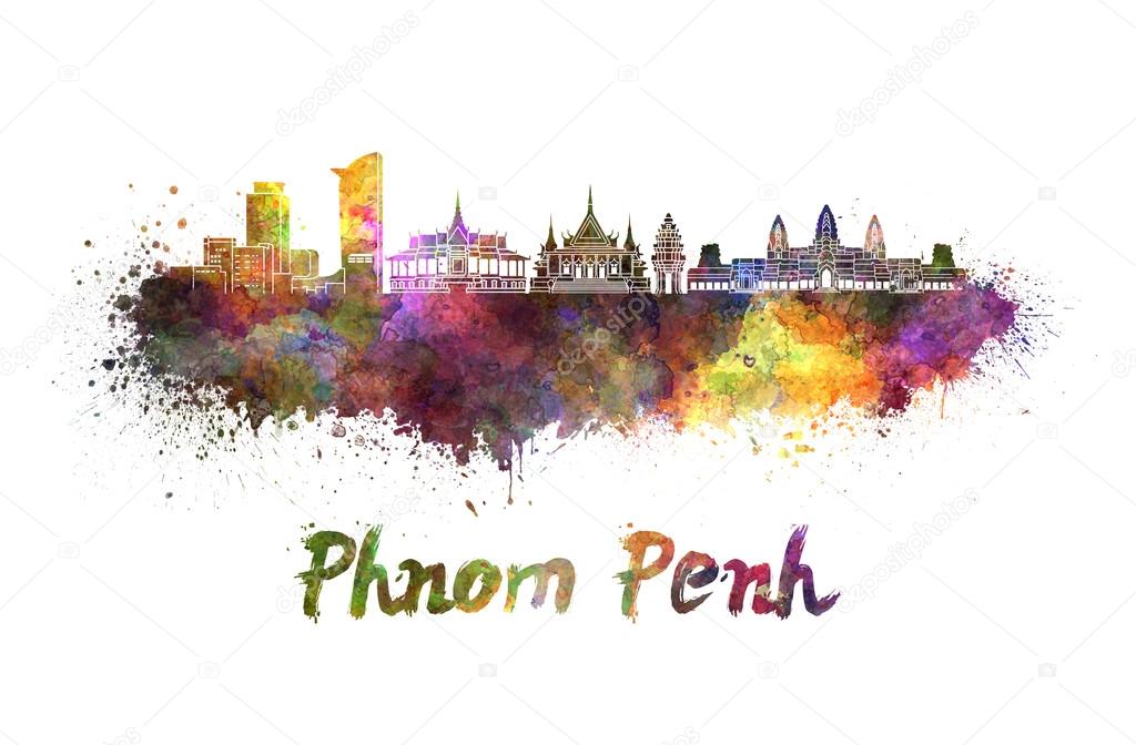 Phnom Penh skyline in watercolor
