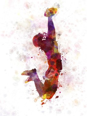 Beyaz arka planda siluet gölgesinde top yakalayan Amerikalı bir futbolcu.