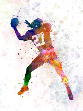 Beyaz arka planda izole edilmiş, siluet stüdyosunda yakalanan beyaz amerikalı futbolcu.