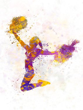 Genç bayan ponpon kız silueti suluboya arka planda