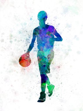 Genç basketbolcu top sürüyor. 