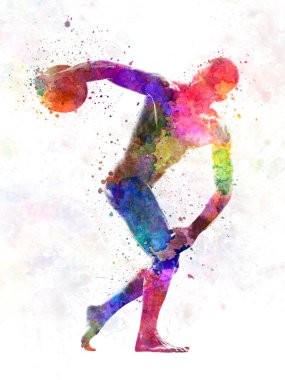 Yakışıklı, çıplak kaslı adam. Discobolus egzersizi yapıyor.