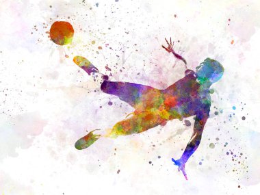 Beyaz arka planda izole edilmiş, futbol oyuncusu silueti oynayan, uçan beyaz bir adam.