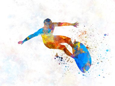 Genç adam suluboya sörf yapıyor.