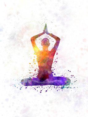 Genç adam, suluboya ile izole edilmiş yoga yapıyor.