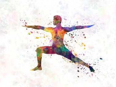 Genç adam, suluboya ile izole edilmiş yoga yapıyor.