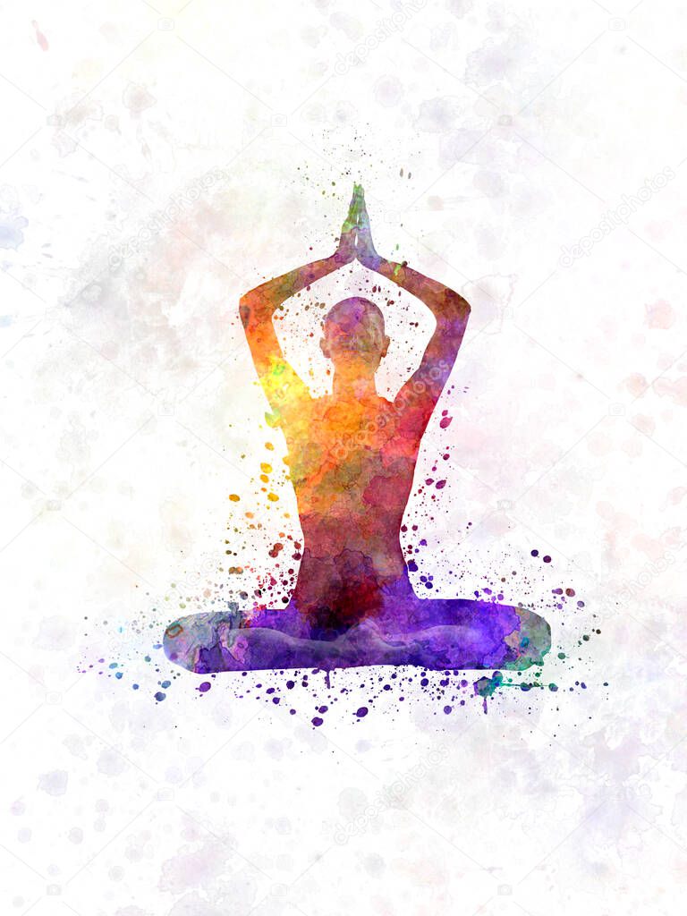 young man practices yoga isolated in watercolor