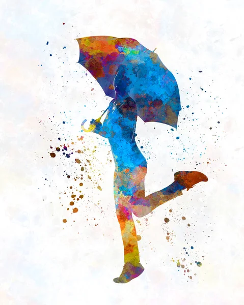 Boldog Kezében Esernyő Sziluett Akvarell — Stock Fotó