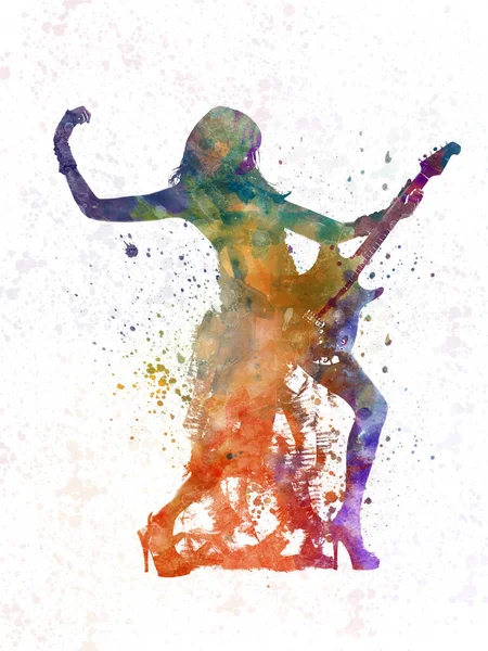 Žena Hraje Elektrický Kytarista Akvarelu — Stock fotografie
