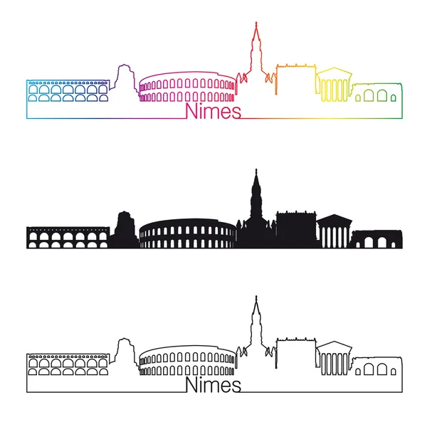 Nimes skyline estilo linear com arco-íris — Vetor de Stock