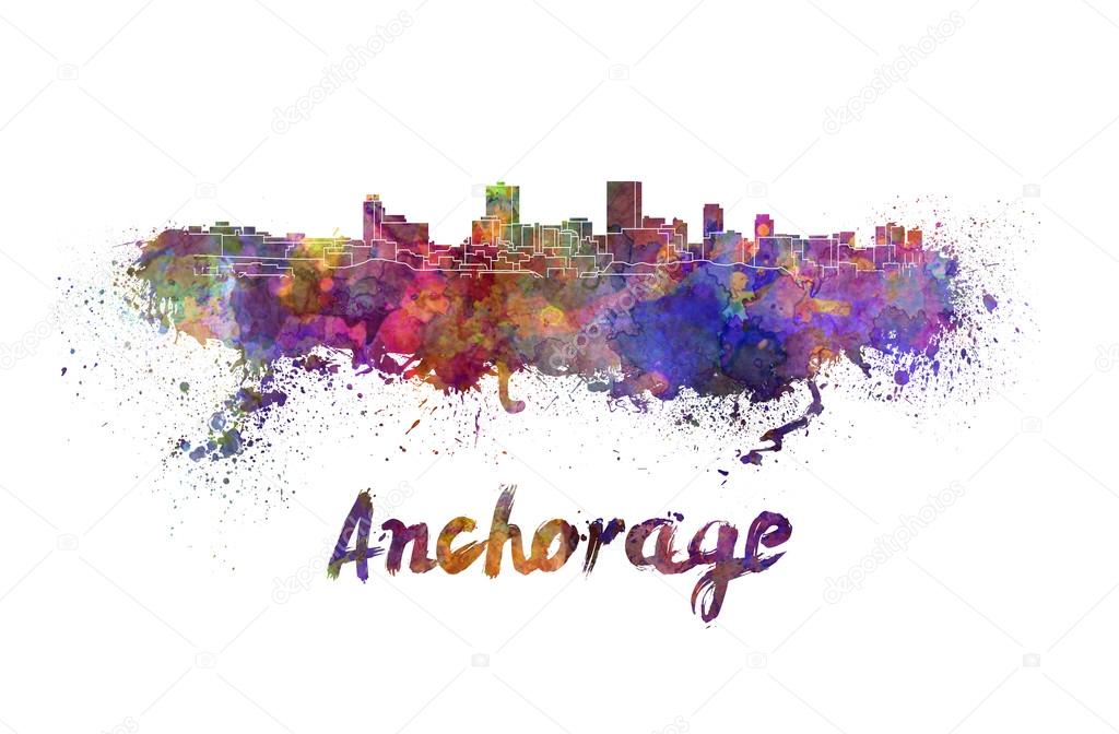 Anchorage skyline in watercolor