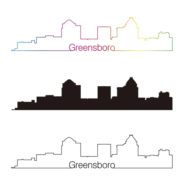 Style linéaire skyline Greensboro avec arc-en-ciel — Image vectorielle