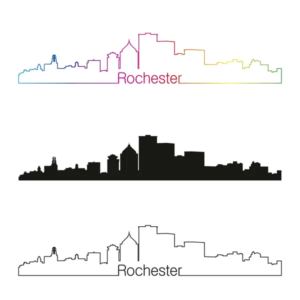 Rochester skyline estilo linear com arco-íris — Vetor de Stock