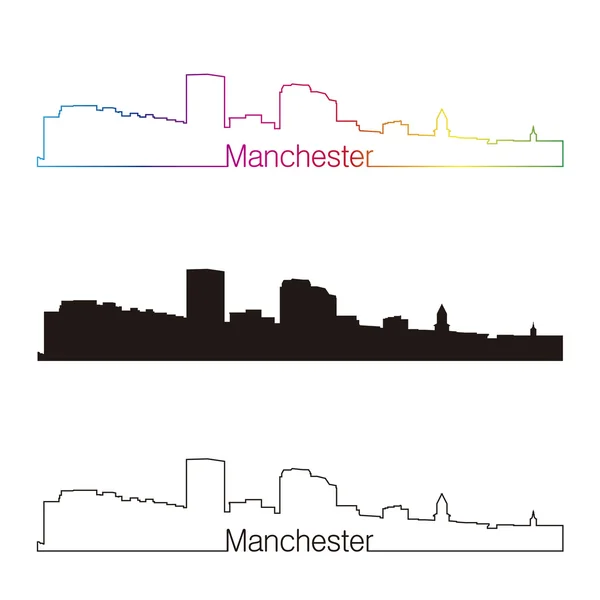 Manchester, NH skyline estilo lineal con arco iris — Vector de stock