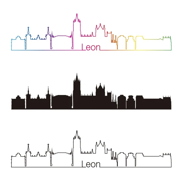 Leon skyline estilo lineal con arco iris — Vector de stock