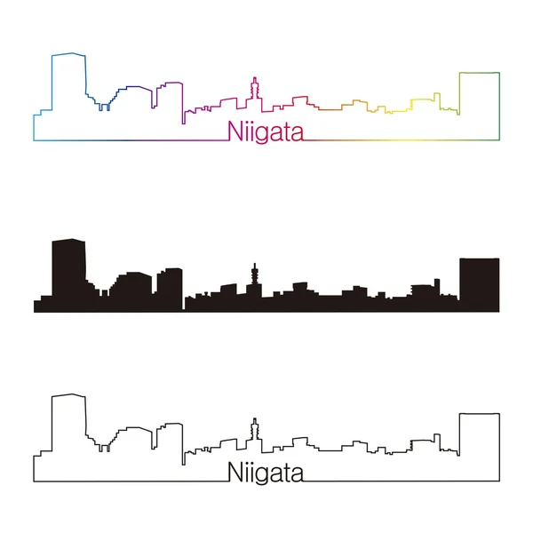 Línea del horizonte Niigata estilo lineal con arco iris — Vector de stock