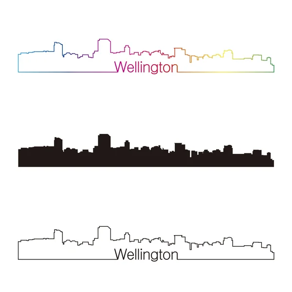 Skyline Wellington in stile lineare con arcobaleno — Vettoriale Stock