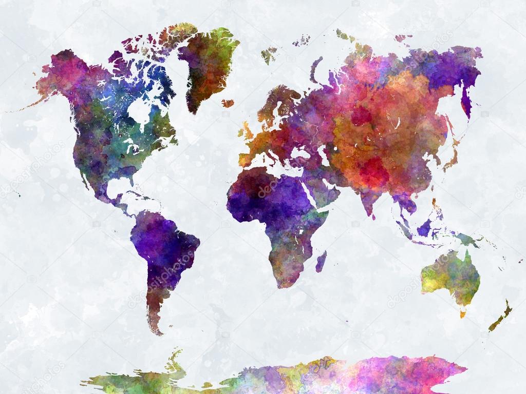 World map in watercolorpurple and blue