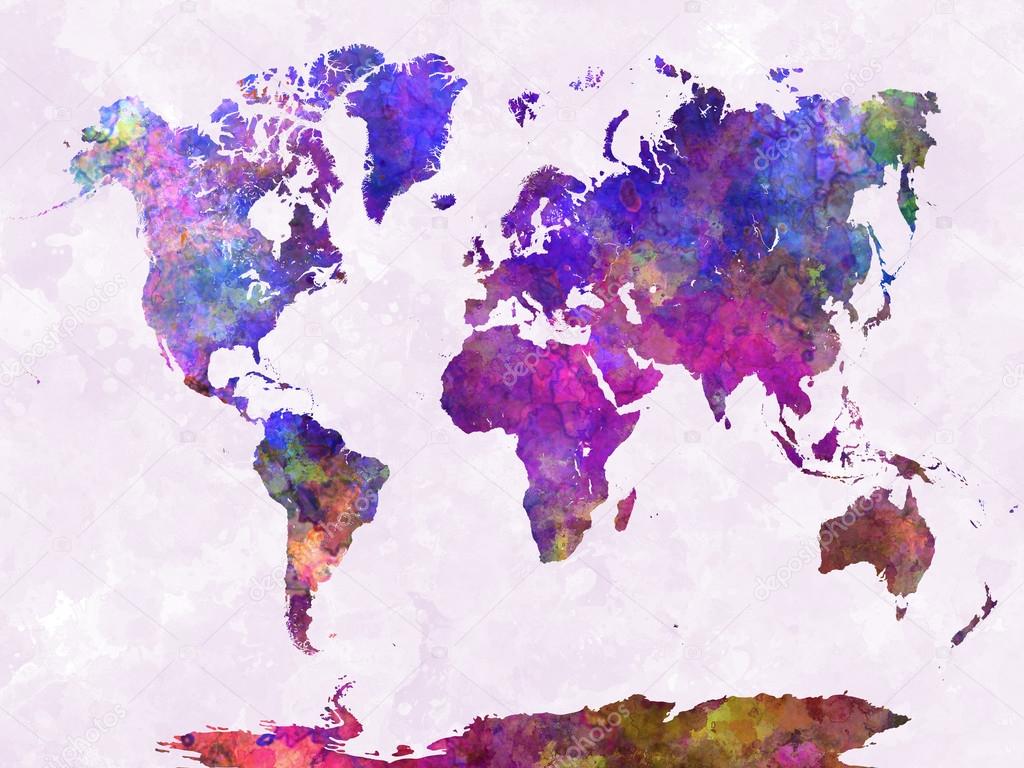 World map in watercolor purple warm