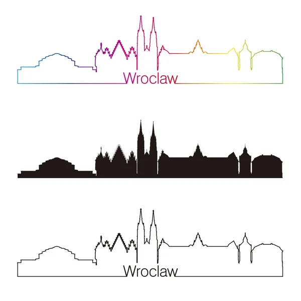 Wroclaw skyline estilo lineal con arco iris — Vector de stock