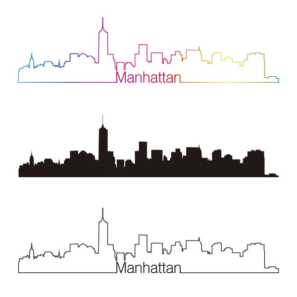Manhattan Skyline linearer Stil mit Regenbogen — Stockvektor