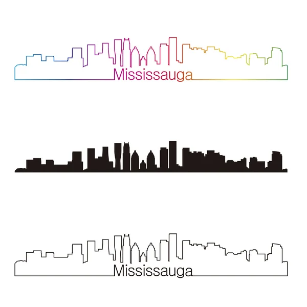 Mississauga skyline estilo lineal con arco iris — Vector de stock