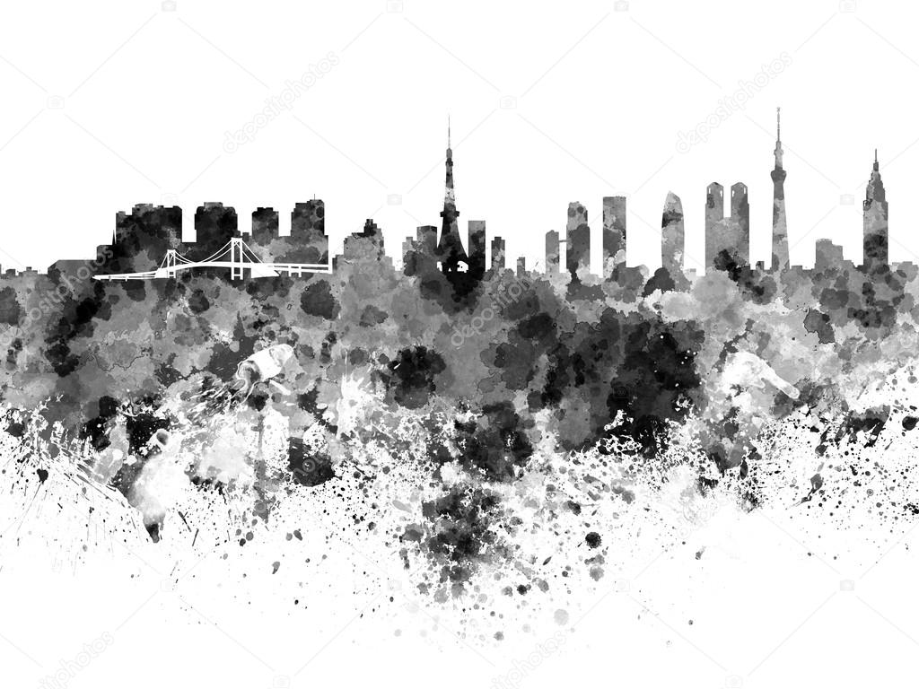 Tokyo skyline in black watercolor
