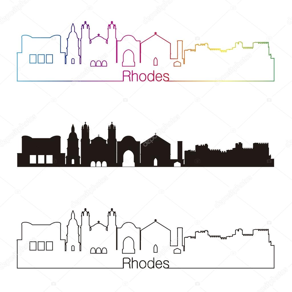 Rhodes skyline linear style with rainbow
