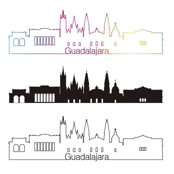 Skyline Guadalajara stile lineare con arcobaleno — Vettoriale Stock