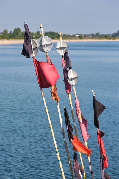 Svarta Och Röda Flaggor Fiskenät Mecheland Liten Fiskehamn Polen — Stockfoto