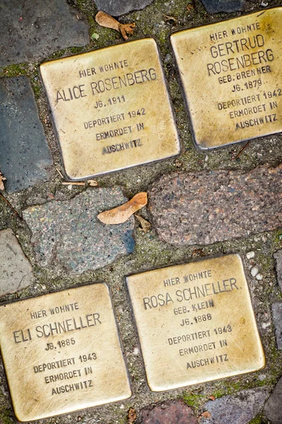 Berlin - Germany - October 02,  . Stolperstein,  monument created by Gunter Demling wchich commemorates a victim of the Holocaust. Small, cobblestone-sized memorials located on the pavements — Stock Photo, Image