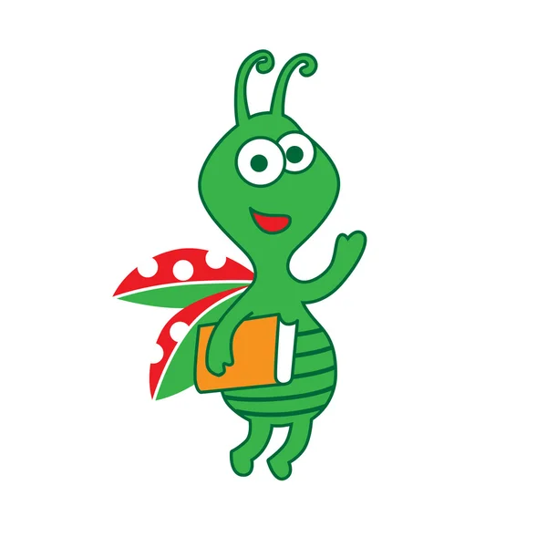 Bug personaggio dei cartoni animati divertente con ali rosse sta sorridendo, salutando — Foto Stock