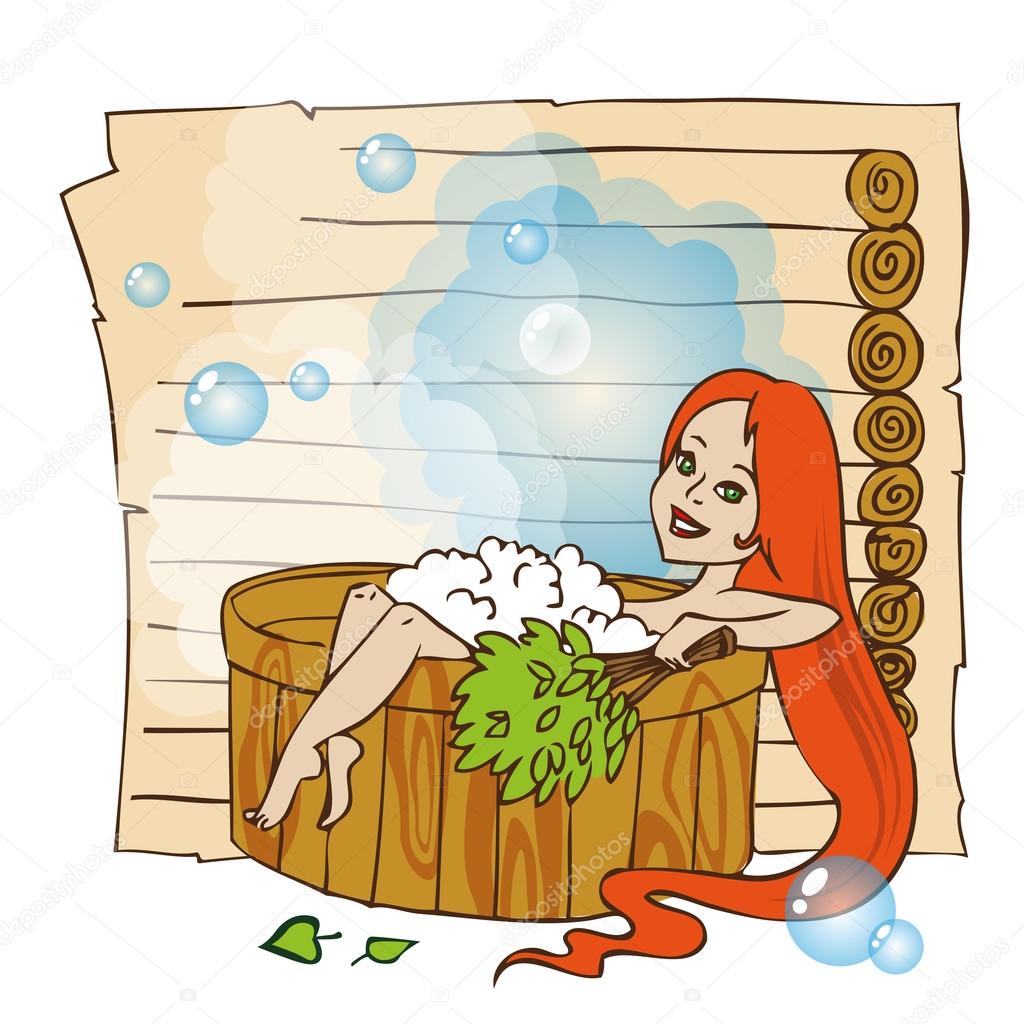Woman is laying in wooden bath in sauna.