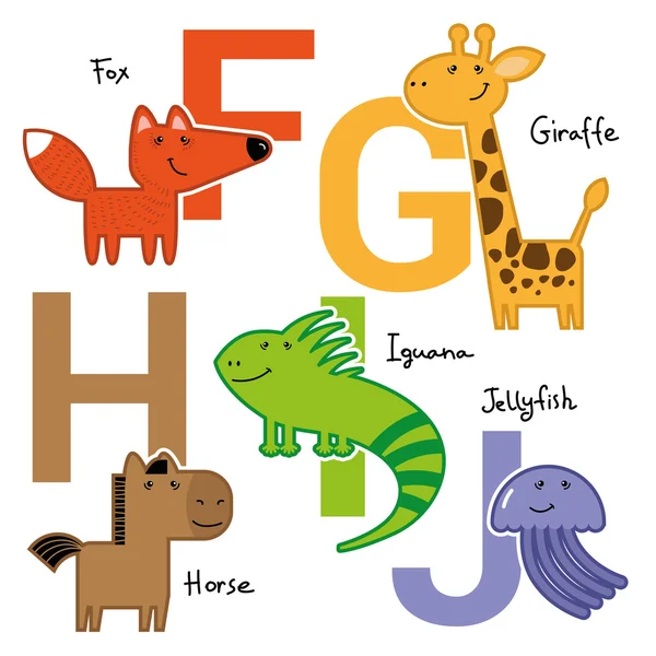 Dibujos animados vector animal alfabeto F-J — Vector de stock