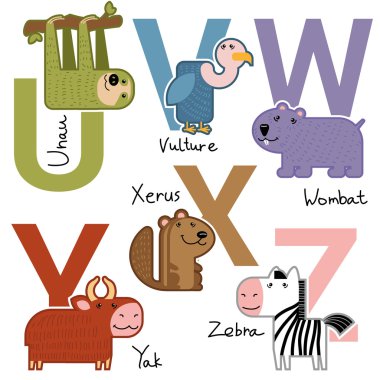 Çizgi film vektör hayvan alfabe U-Z