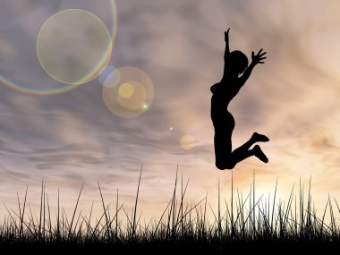 Kavram ya da kavramsal genç kadın ya da işkadını siluet mutlu atlamak günbatımı veya gündoğumu gökyüzü arka plan sahasının çim