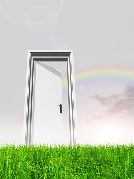 Зеленая, свежая и натуральная трехмерная трава на голубом фоне неба, открытая дверь на заднем плане.
