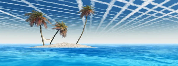 Konzept oder konzeptionelle isolierte exotische Insel mit Palmen mit Hängematte und Sand im Meer oder Meer über blauem Himmel Hintergrund mit weißen Wolken Banner — Stockfoto