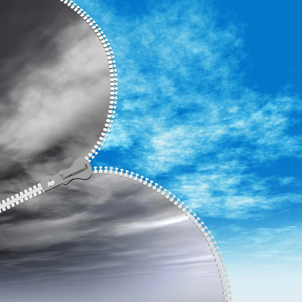 概念或概念 3d 抽象拉链从戏剧性阴暗多云的天空阳光灿烂的夏天蓝色天空与云朵背景 — 图库照片