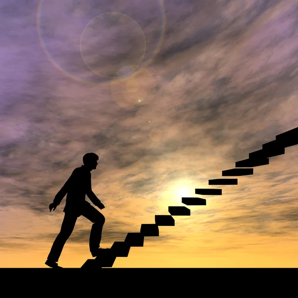Έννοια ή εννοιολογική 3d επιχειρηματίας αρσενικό σκαλοπατιών ή βήματα πάνω από το φόντο του ουρανού ηλιοβασίλεμα — Φωτογραφία Αρχείου