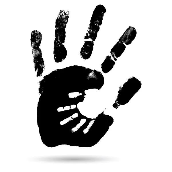 Concetto o concettuale carino mano vernice nera di madre impronta del bambino isolato su sfondo bianco — Foto Stock