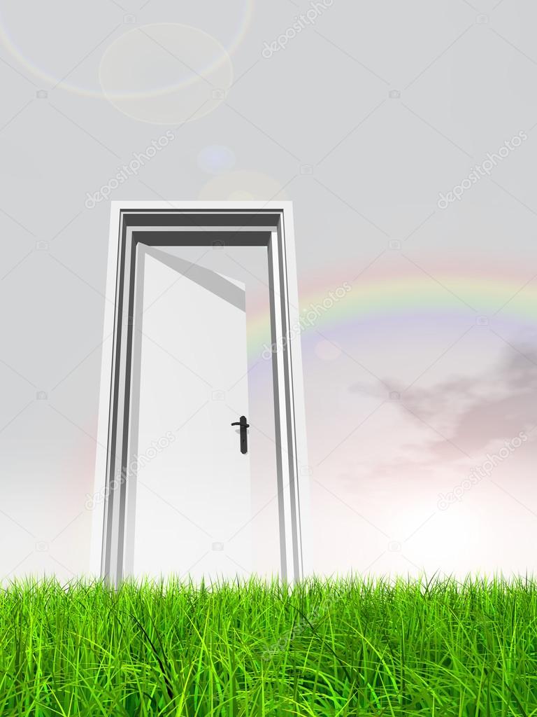 High resolution green, fresh and natural 3d conceptual grass over a blue sky background, a opened door at horizon