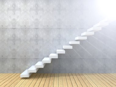 Kavram ya da kavramsal beyaz taş veya beton merdiven ya da merdiven ahşap zemin ile bir duvar arka plan yakın: