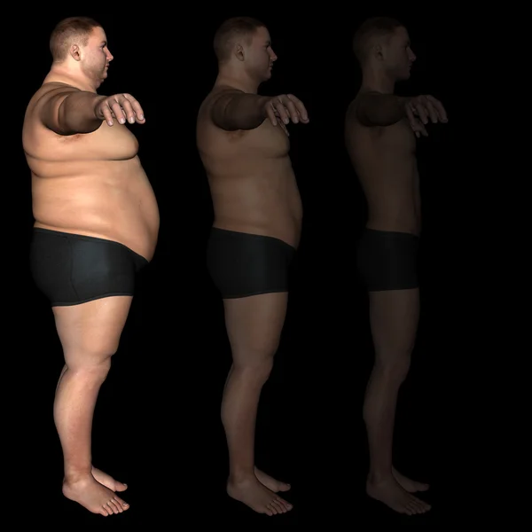 Koncepcja lub 3d pojęciowy tłuszczu nadwagą vs slim pasuje dieta mięśnie młody mężczyzna na białym tle na czarnym tle — Zdjęcie stockowe