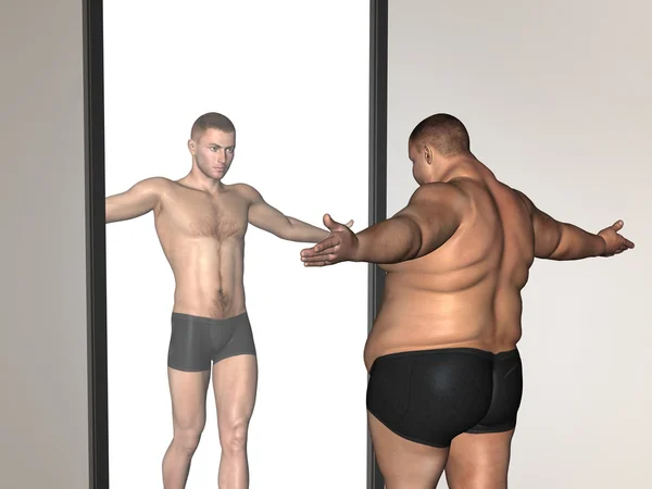 Έννοια ή εννοιολογική 3d λίπους υπέρβαροι vs εφαρμοστό με μύες νεαρός άνδρας σε διατροφή που αντανακλούν σε έναν καθρέφτη — Φωτογραφία Αρχείου
